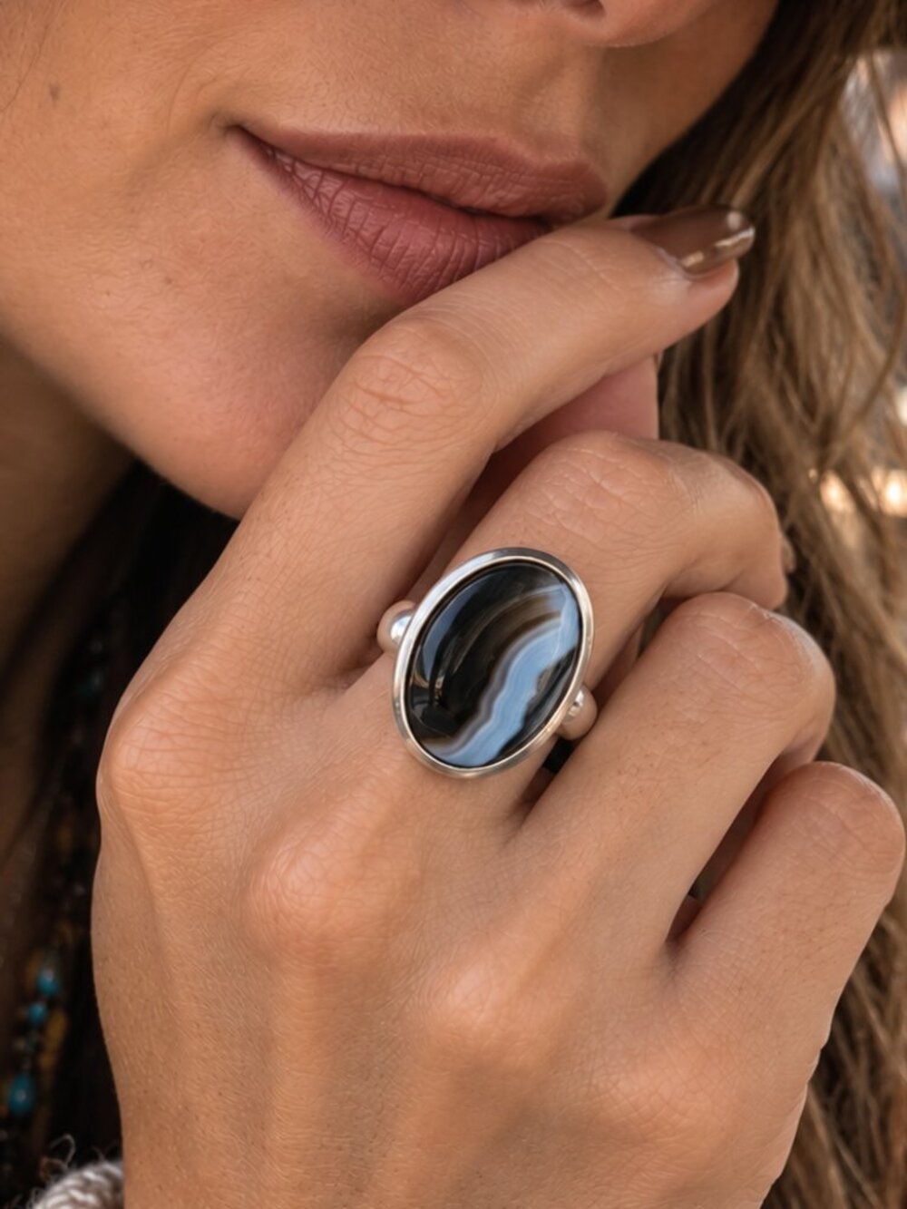 925 Sterling Silver Banded Agate Statement Ring Vintage Bohemian Oval